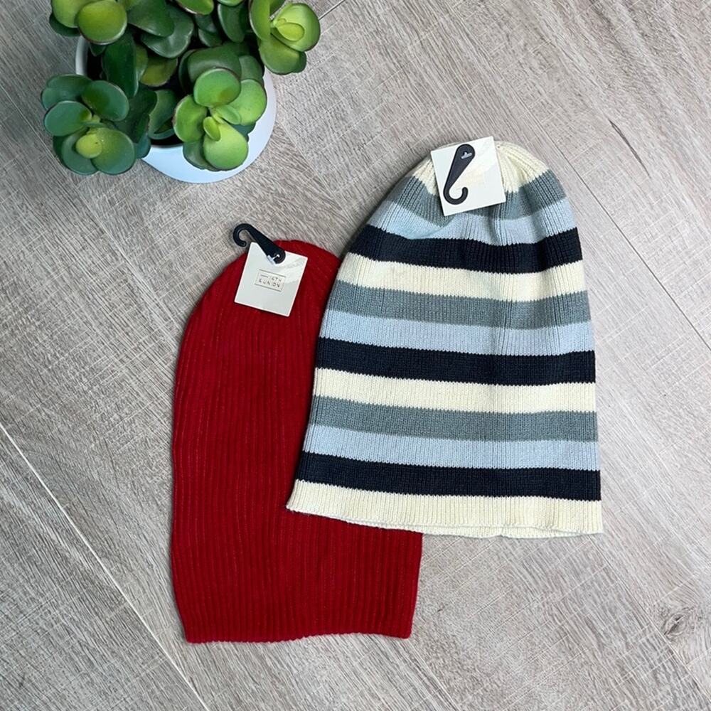 NWT PAIR OF 14TH & UNION Women's BEANIE HATS Red and Cream Stripes